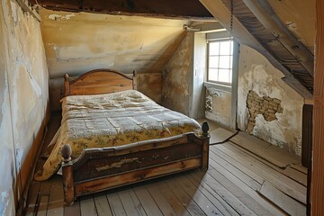 Dilapidated Bedroom Interior With Wooden Bed and Window Under Sun Light