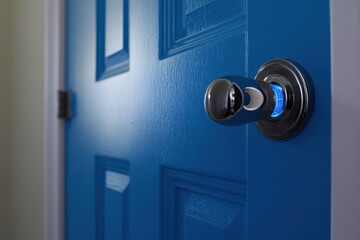 Bright blue door with a modern doorknob highlights a fresh interior design choice