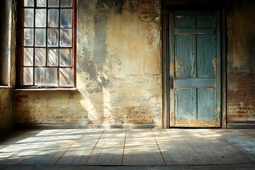 Dilapidated Interior Room with a Blue Door and Window Showing Age and Decay