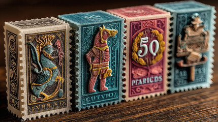 Obraz premium Colorful Vintage Stamps Displayed on Rustic Wooden Background