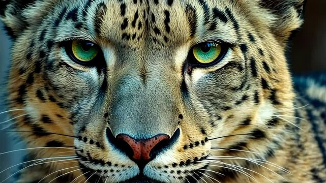 Intense close-up of snow leopard with striking green eyes