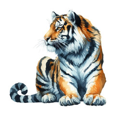 Fototapeta premium Majestic Tiger Sitting Calmly, Displaying Power and Beauty with Detailed Watercolor Style