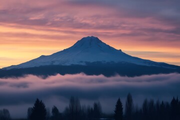 Fototapeta premium Majestic Mount Hood covered with snow and surrounded by low clouds during a colorful sunrise, seen from a valley with trees in the foreground