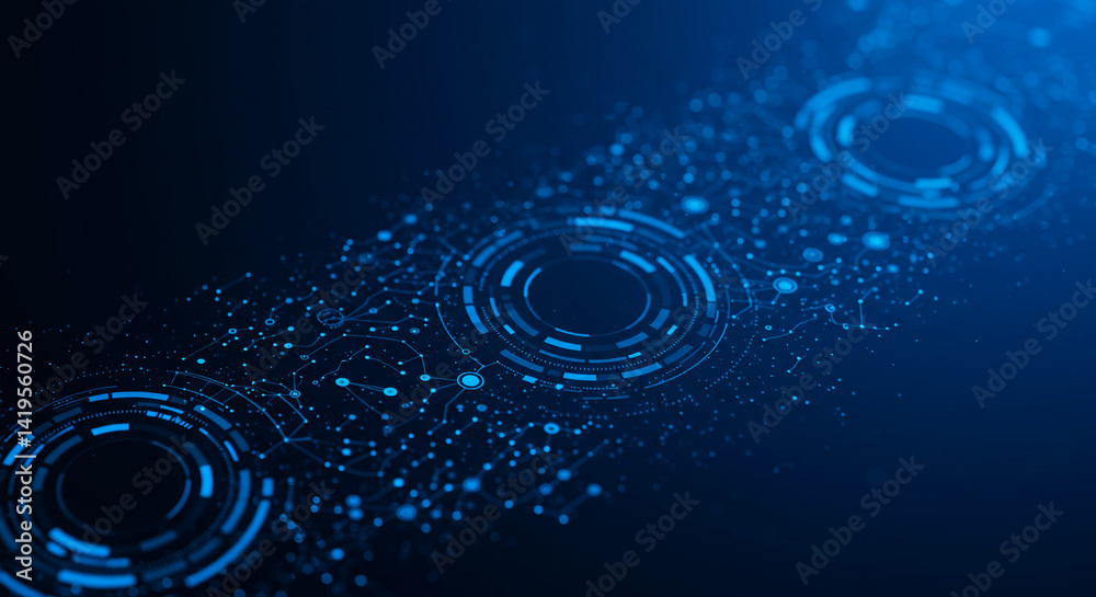 Wall mural a futuristic blue technology background with glowing circles and interconnected network of dots and 