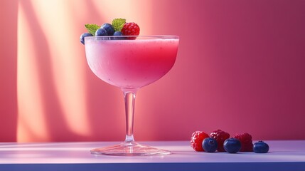 Blueberry protein shake in a modern glass with berry garnish, clean minimal style