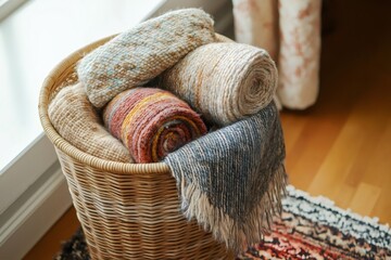 Rolled up cozy blankets are arranged in a wicker basket, placed near a window, creating a warm and inviting atmosphere