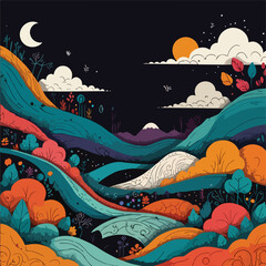 vector illustration of a night landscape with trees