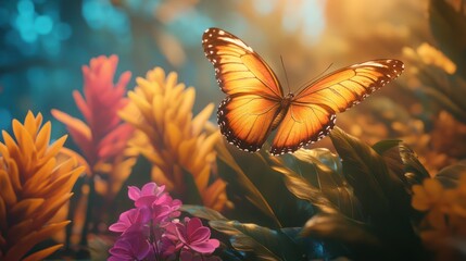 Obraz premium Bright tropical butterfly flying in front of colorful blurred jungle foliage, vibrant and exotic
