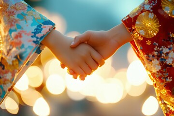 光を背景に浴衣で手をつなぐ姉妹