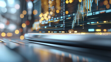 Futuristic digital interface displaying financial data with glowing elements, creating vibrant atmosphere of technology