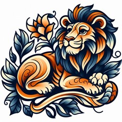 Obraz premium Lion resting with floral ornaments vector illustration design concept