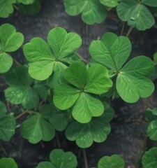 Vibrant green four-leaf clover, close-up detail,  botany,  detail,  botanical