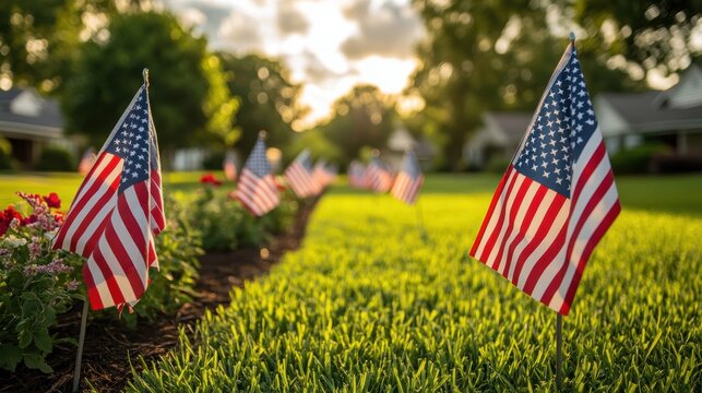 Aerial view of American suburb with flags lining every home