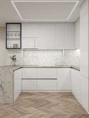 Sleek and modern kitchen with a white marble backsplash, white cabinets, and a minimalist design. Features a corner counter, glass shelving, and wood herringbone flooring