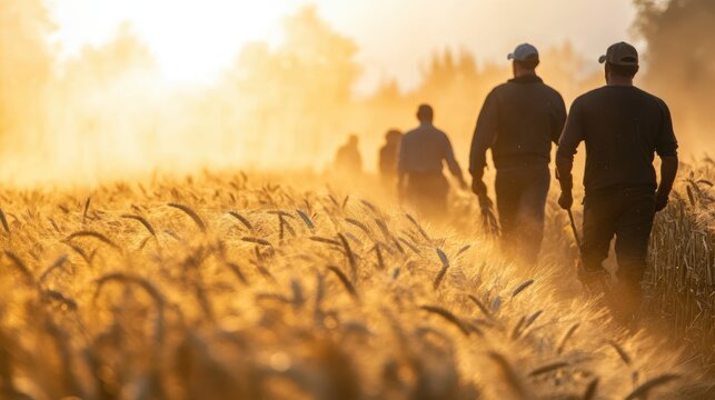 Farmers working in the field during harvest season. Sustainable agriculture practices for a better future.