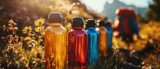 Colorful water bottles in mountain meadow