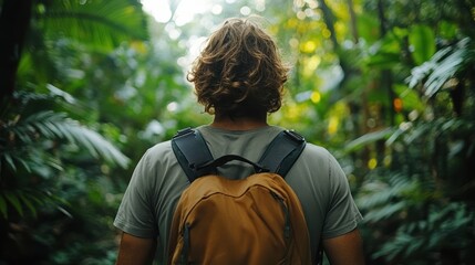 A man hiking through a dense forest trail. Exploring nature and connecting with the outdoors.