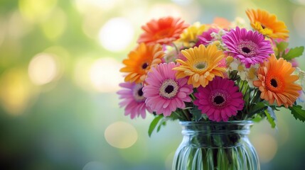 Obraz premium Vibrant bouquet of colorful gerbera daisies in glass vase with soft bokeh