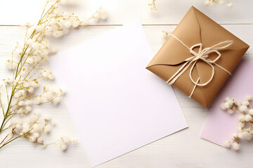 Blank greeting card in frame made of spring pink blossoming flowers on white wooden background. Mock up. Flat lay. Top view. Womens day, Mothers day, Wedding or anniversary invitation
