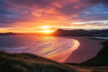 Dramatic Sunset Over Coastal Beach With Golden Hues Reflecting On Water Surface