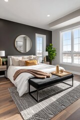 Fototapeta premium Chic minimalist bedroom with a dark accent wall, white bedding, and metallic accents - contemporary modern shadows