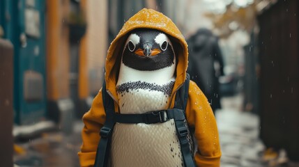 Fototapeta premium Chill penguin with hoodie and crossbody bag, hipster street vibe