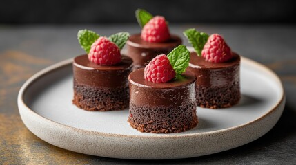 Chocolate mousse mini desserts with a raspberry and mint garnish, bright minimal backdrop