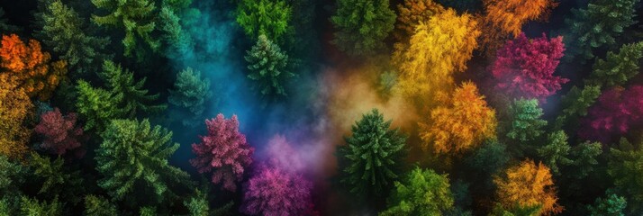 Forest landscape with colorful treetops, viewed from above, seasonally rich palette