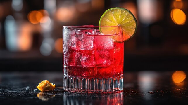 Red cocktail with ice and lime