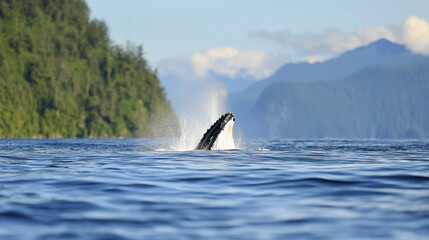 Obraz premium humpback whale breaches ocean surface, creating stunning splash against backdrop of lush green hills and mountains