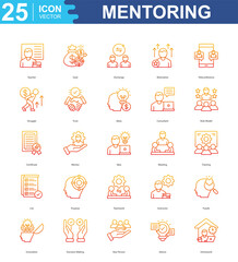 Fototapeta premium Mentoring icon sheet vector teacher, goal, exchange, motivation, teleconference, struggle, trust, ideas, consultant, role model, certificate, mentor, idea, meeting, training, list, purpose, teamwork