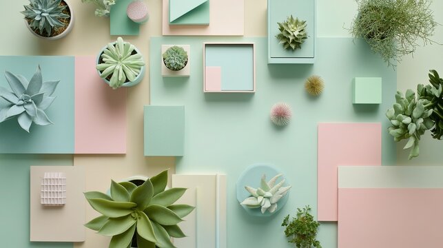 Aerial shot of a minimalist workspace layout: green succulents and soft-colored stationery neatly arranged on a clean desk. Natural soft light, modern office/home studio scene.