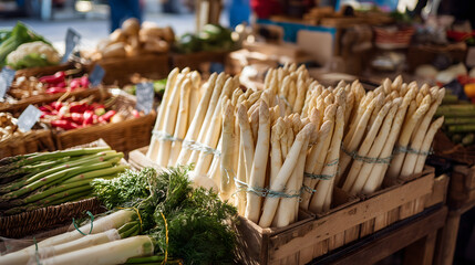 Tightly stacked white asparagus spears at a farmers market surrounded by fresh spring produce. A snapshot of the vibrant seasonal vegetable culture in Germany.