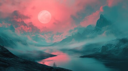 Pink and Teal Mountain Landscape with Full Moon