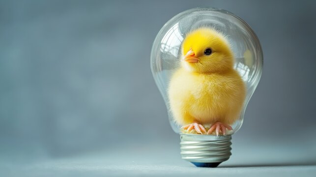 Chick in lightbulb, studio shot, grey background, idea concept