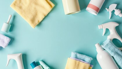 Cleaning-Supplies-Flatlay-Turquoise-Background