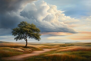 Obraz premium Open landscape with tiny tree in corner, vast sky above, peaceful solitude