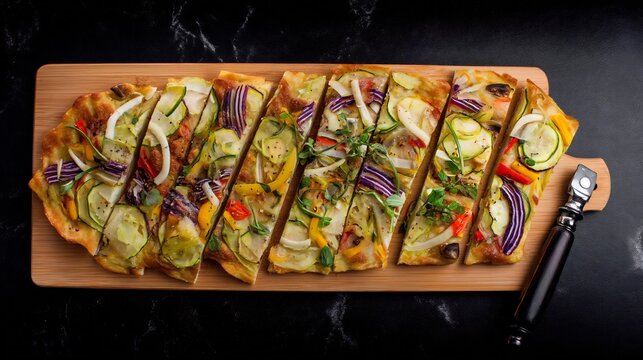 Cocas de verduras Spanish flatbread vegetables cut and presented on board top down composition with smooth black and white backdrop