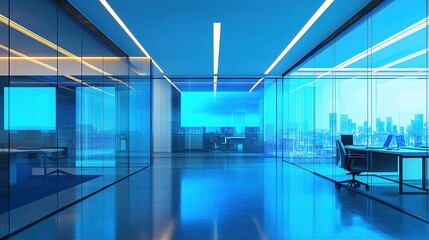 A futuristic office with transparent glass walls and holographic displays illuminated by neon blue light, a super detailed 3D isometric view of a cyberpunk aesthetic.