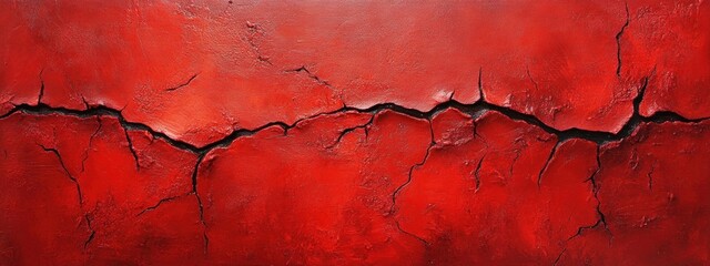 Obraz premium A textured artwork of red surface exhibiting a dark jagged fissure