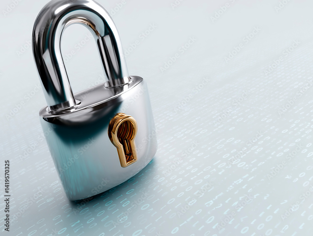 Poster shiny metallic padlock with golden keyhole placed on a digital binary surface, symbolizing data secu