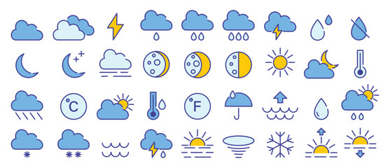 Minimal weather icons with blue outlines and light blue fill. Clean and modern vector set for UI and web.