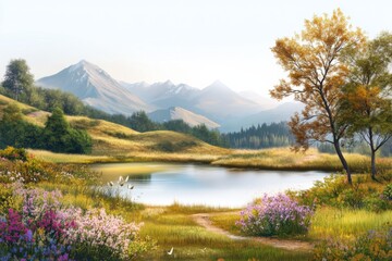 Tranquil scene with mountain, lake and white sky, nature stillness and clarity