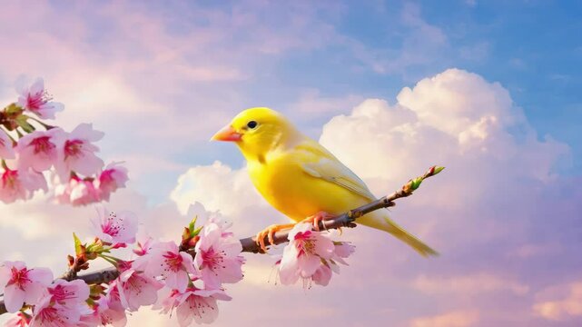 Yellow canary bird on branch during spring bloom. 