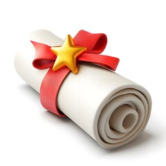 A white rolled-up scroll with a red ribbon and a golden star emblem, in a 3D icon style, on a white background,
