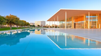 Modern building with reflection pool in city park at sunrise