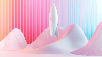Colorful landscape backdrop showcasing a white rocket launch.