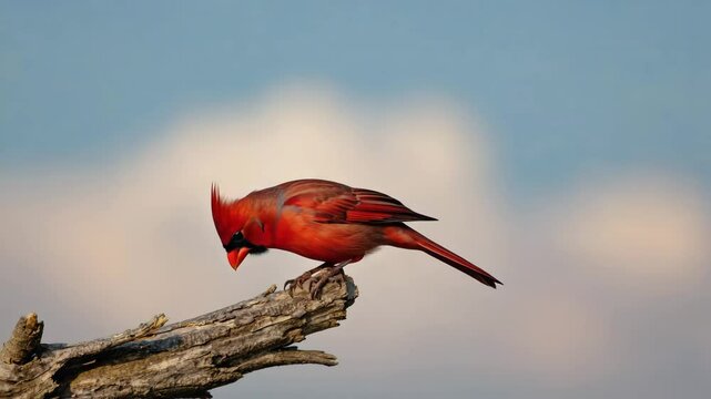 Red bird perched calmly on a wooden branch. 