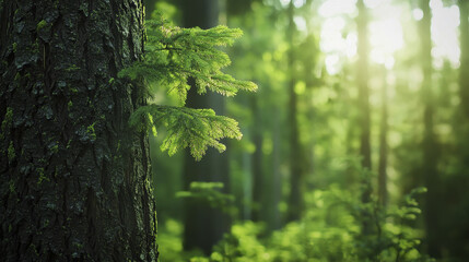 Fototapeta premium tranquil forest scene featuring close up of tree trunk with vibrant green foliage, evoking sense of peace and nature beauty