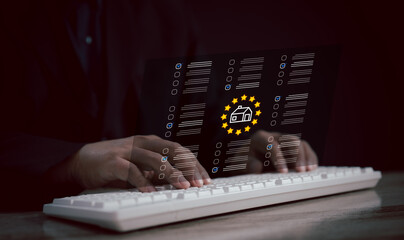 businessman signs digital real estate contract using stylus on virtual interface, representing modern property transactions, technological integration, shift toward efficient, paperless agreements.